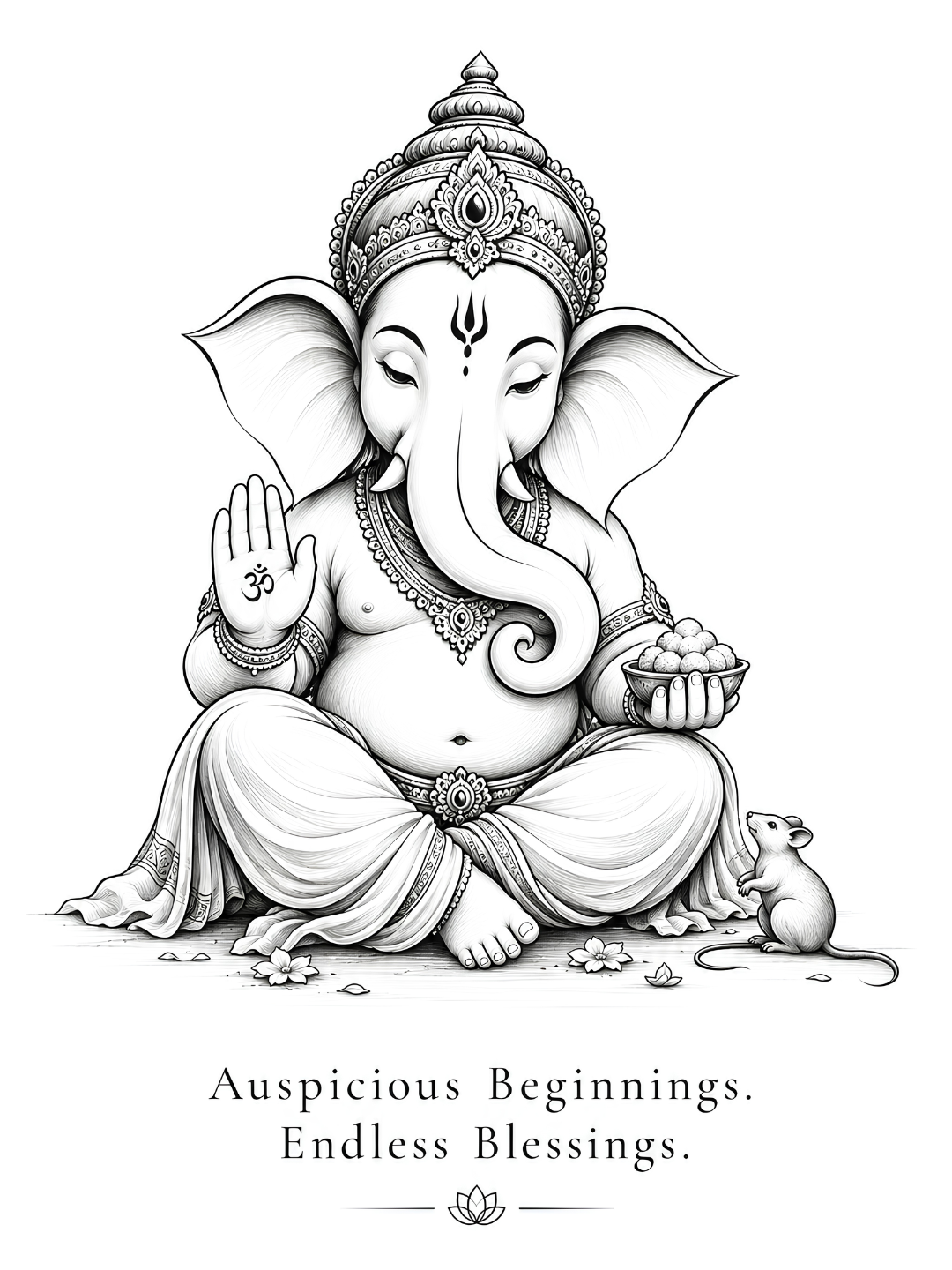 Lord Ganesha line drawing with the blessing Auspicious Beginnings. Endless Blessings.